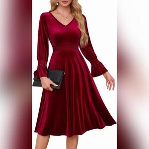 NWOT Meetjen Velvet V Neck Elastic Smocked Elegant Cocktail Midi Dress, Large